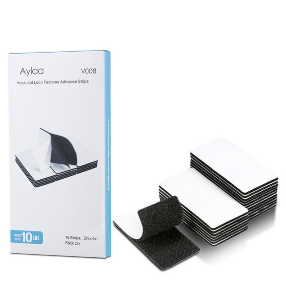 Aylaa Heavy-Duty Self-Adhesive Hook and Loop Fastener Strips, Nylon Black, 16 2" x 4" Strips