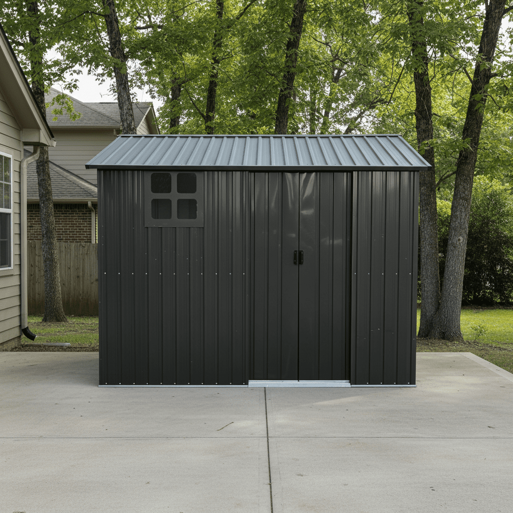 Mintazer 8×6ft Metal Outdoor Storage Shed with Lockable Sliding Doors & Window, Weatherproof Garden Tool Shed, Black