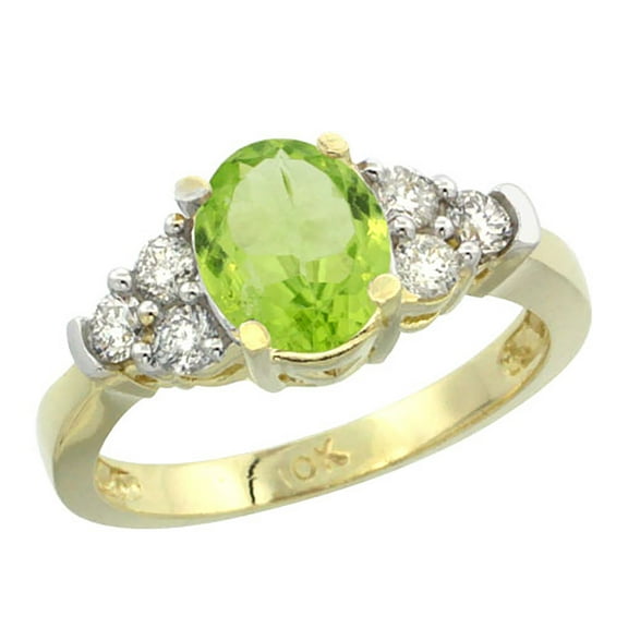 14K Yellow Gold Natural Peridot Ring Oval 9x7mm Diamond Accent, size 6