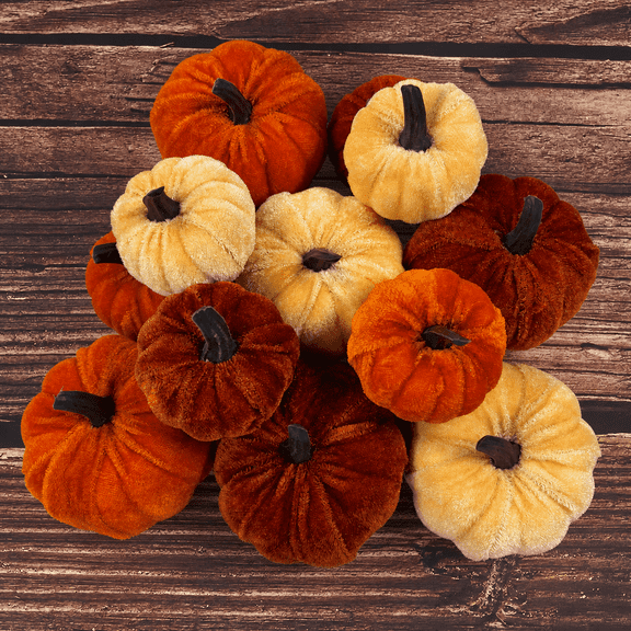 TETOU 12pcs Fall Artificial Pumpkins Decor, Mini Faux Velvet Fabric Foam Pumpkins for Fall Home Farmhouse Harvest Halloween Thanksgiving Table Centerpiece Decoration