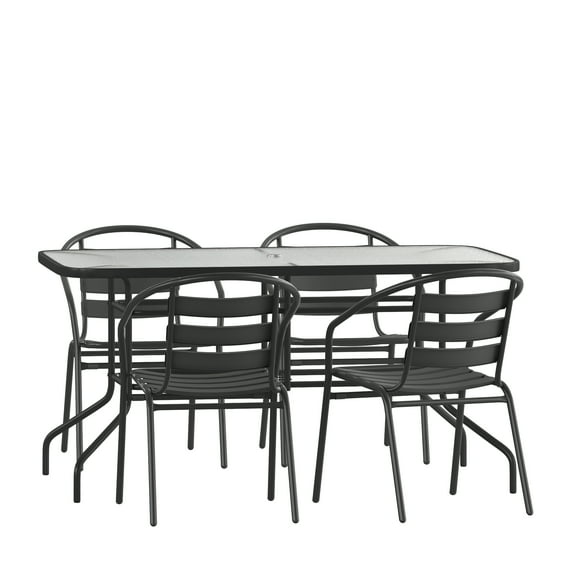Flash Furniture Lila Series 5-Piece Steel/Aluminum Glass Patio Table and Chair Set, Black