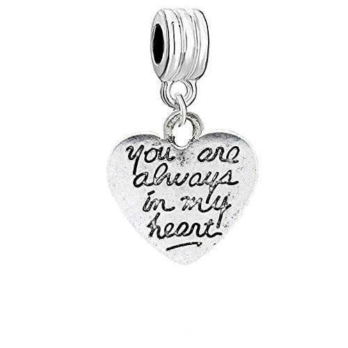 One (1) Heart Dangling Charm You Are Always in My Heart for Snake Chain Charm Bracelet