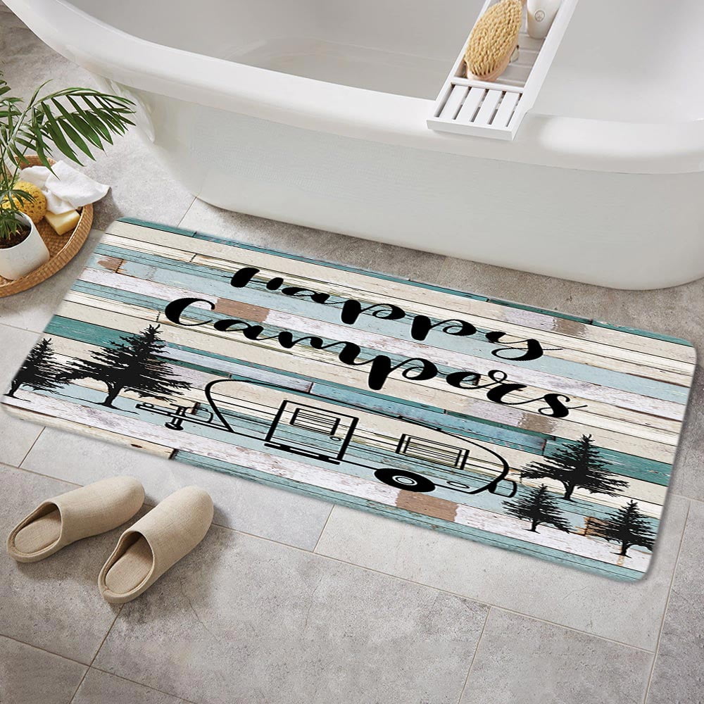RV Bathroom Rugs, Camper RV Non-Slip Bath Rugs for Travel Trailer Bathroom, Farmhouse Camping Rules Bathroom Rugs for Camper, Happy Camper Bathroom Rug Mat 17X48inch, Soft and Absorbent Bath Rugs