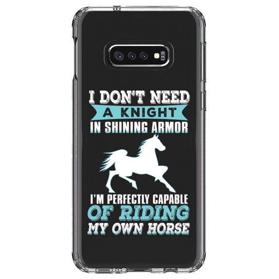 DistinctInk Clear Shockproof Hybrid Case for Samsung Galaxy S10e (5.8" Screen) - TPU Bumper Acrylic Back Tempered Glass Screen Protector - Don't Need Night - Perfectly Capable Horse