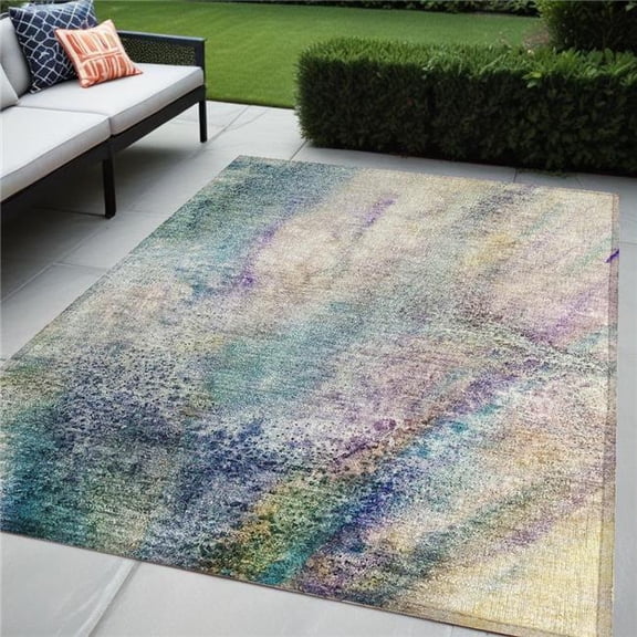 HomeRoots 559563 5 x 8 ft. Beige Blue & Gray Abstract Washable Non Skid Indoor Outdoor Rectangle Machine Woven Area Rug