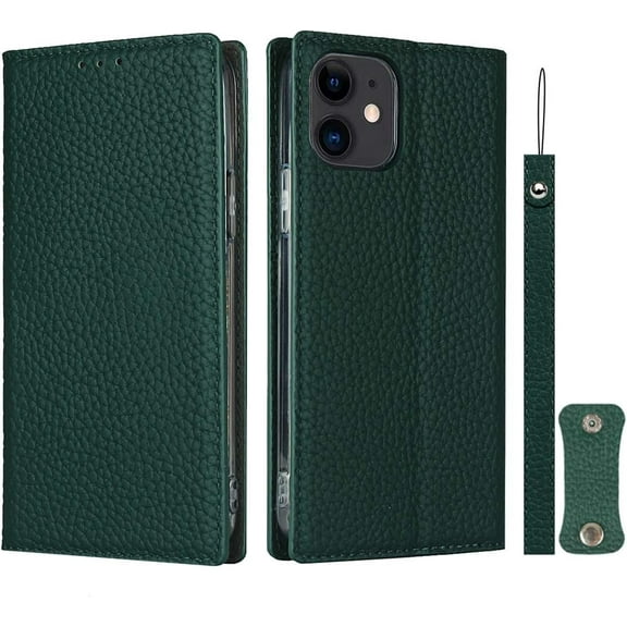 Wallet Case for iPhone 12 Mini with RFID Blocking Card Slots,Headset Winder,Flip Folio Magnetic Closure,Kickstand,Cash Pockets Wrist Strap Cover Case for iPhone 12 Mini 5.4",Deep Green