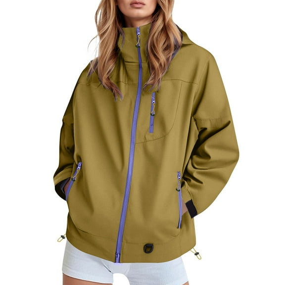 Fiaer,Windbreaker Oversized Drawstring Jackets for Women,Women's Waterproof Lightweight Outerwear,Ladies Outdoor Hooded Travel Hiking Cycling Sports Hooded Tops Yellow XL