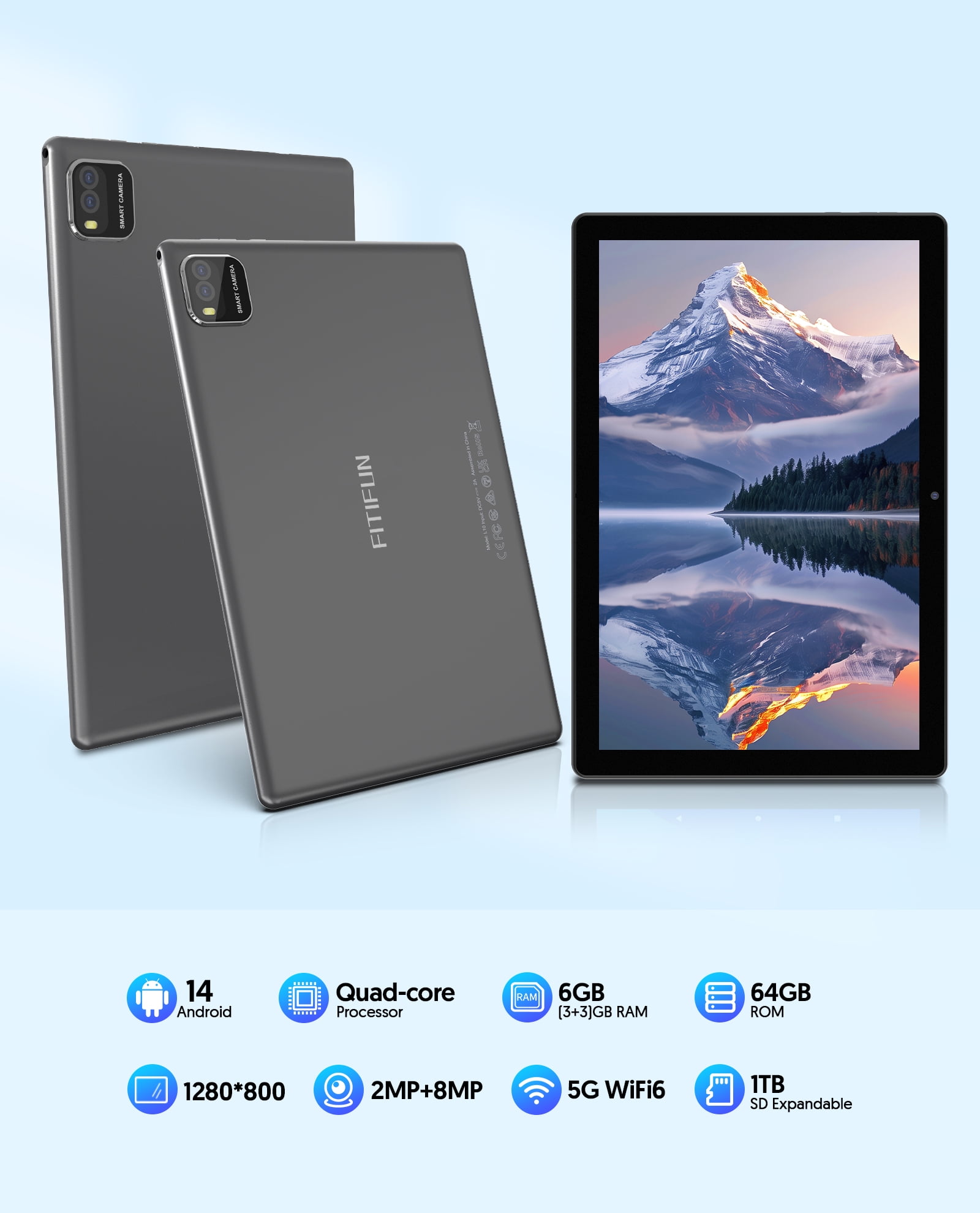 FITIFUN 10.1 inch Android 14 Tablets with Keyboard, 6GB RAM 64GB ROM 1TB Expanded, Quad Core, 6000mAh,5G/2.4G WiFi, HD Display,Gray