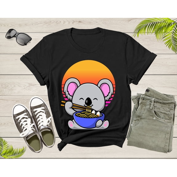 Cute Koala Mascot Eating Japanese Ramen Noodle Retro Sunset T-Shirt Koala Lover Gift T Shirt for Men Women Kids Boys Girls Graphic Tshirt