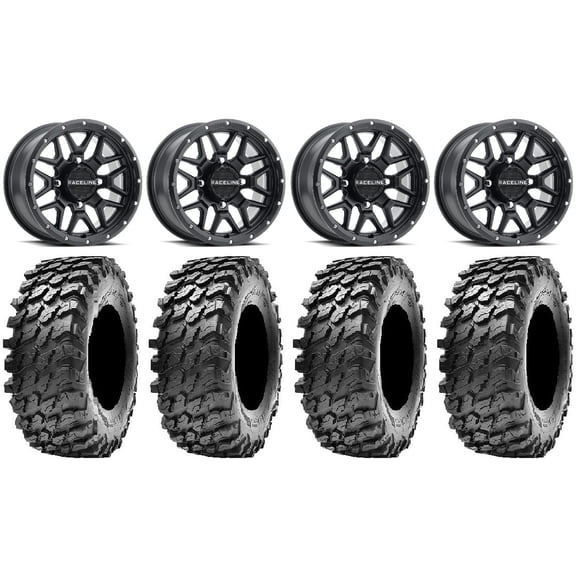 Raceline Krank 14" Black Wheels 32" Rampage Tires Can-Am Maverick X3 / Honda Pioneer 1000 / Talon