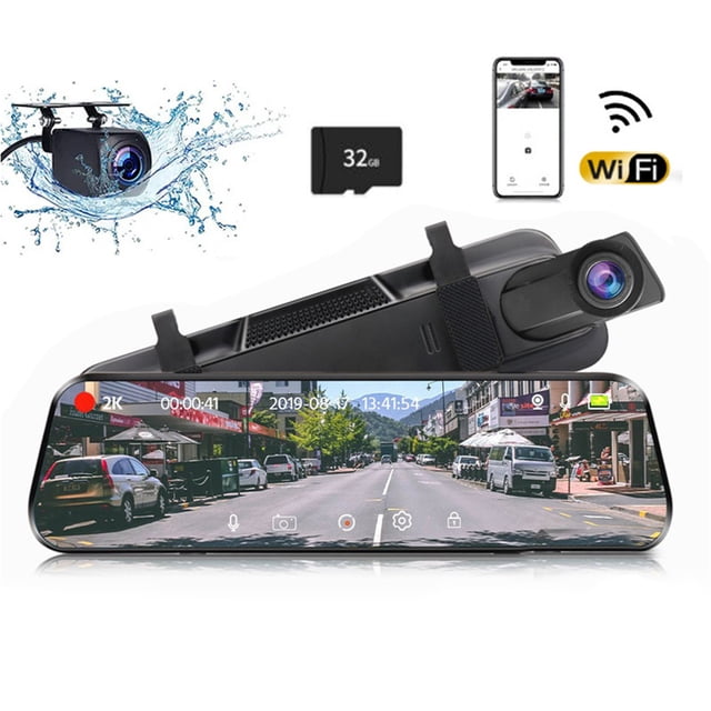 yeacher 10-Inch Dual-Lens Car Dash Cam with 2K HD, Night Vision, WiFi, GPS, and 32GB Card for Front and Rear Recording