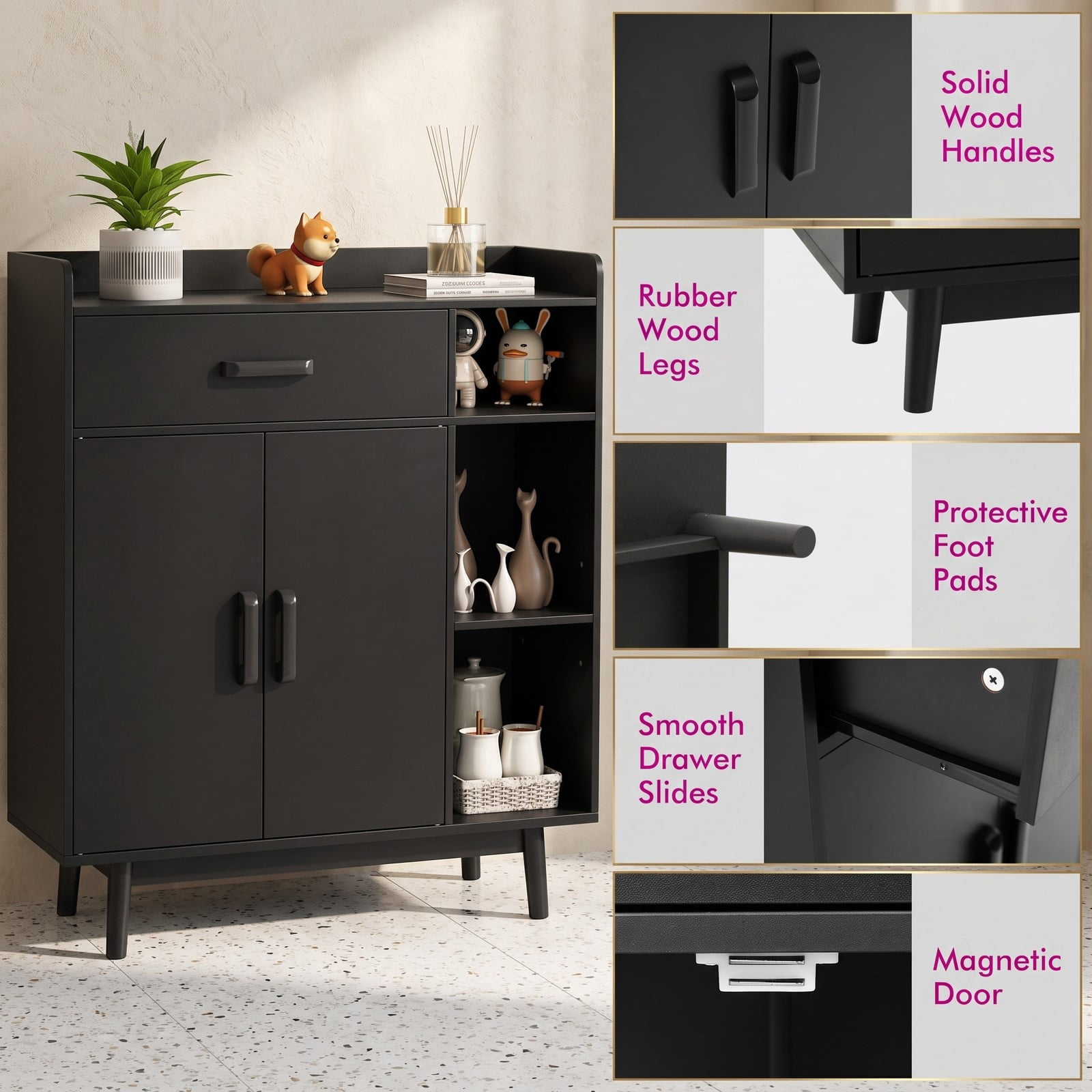 Furnibear Floor Storage Cabinet Free Standing Cupboard Chest with Drawer, Double-Door Cabinet, Adjustable Shelf and 3 Open Display Shelves for Living Room, Black
