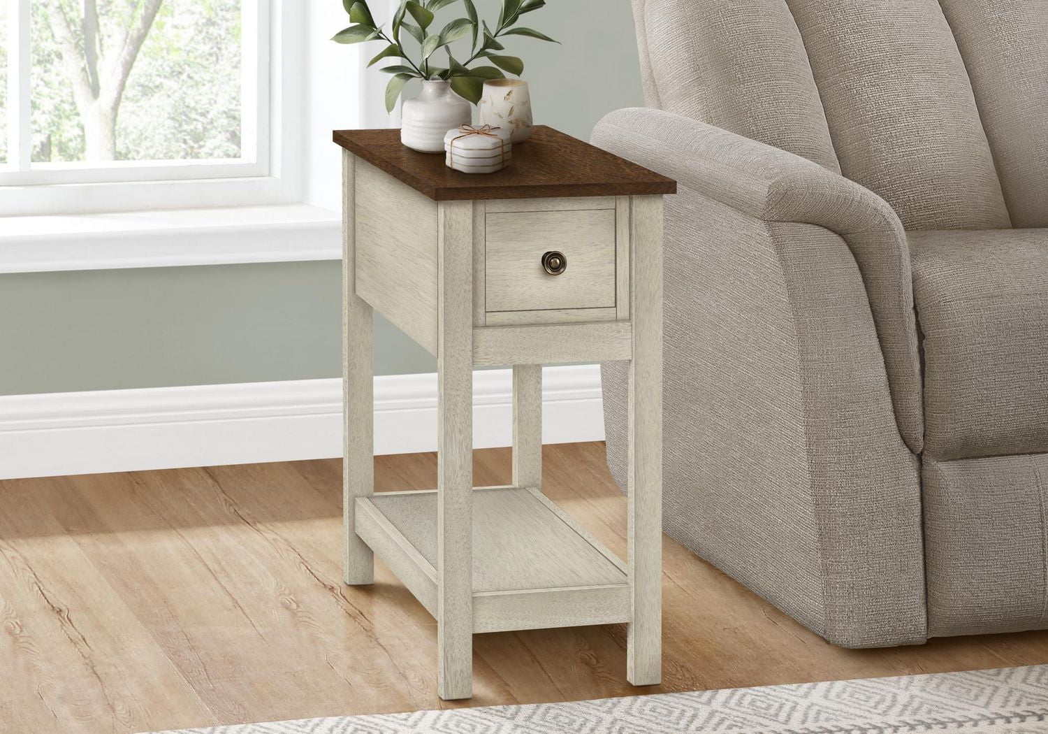 Monarch Specialties Accent Table, End, Side Table, 2 Tier, Narrow, Bedroom, Lamp, Storage Drawer, Grey Veneer, Transitional