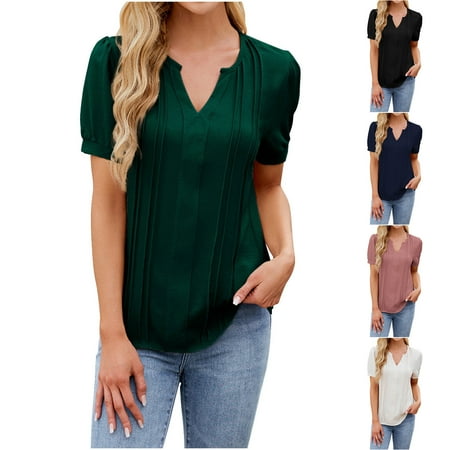 WRKEKC Solid Color V Neck Summer T-Shirts for Women Trendy Short Sleeve Casual Beach Comfortable Versatile Everyday Vacation Top