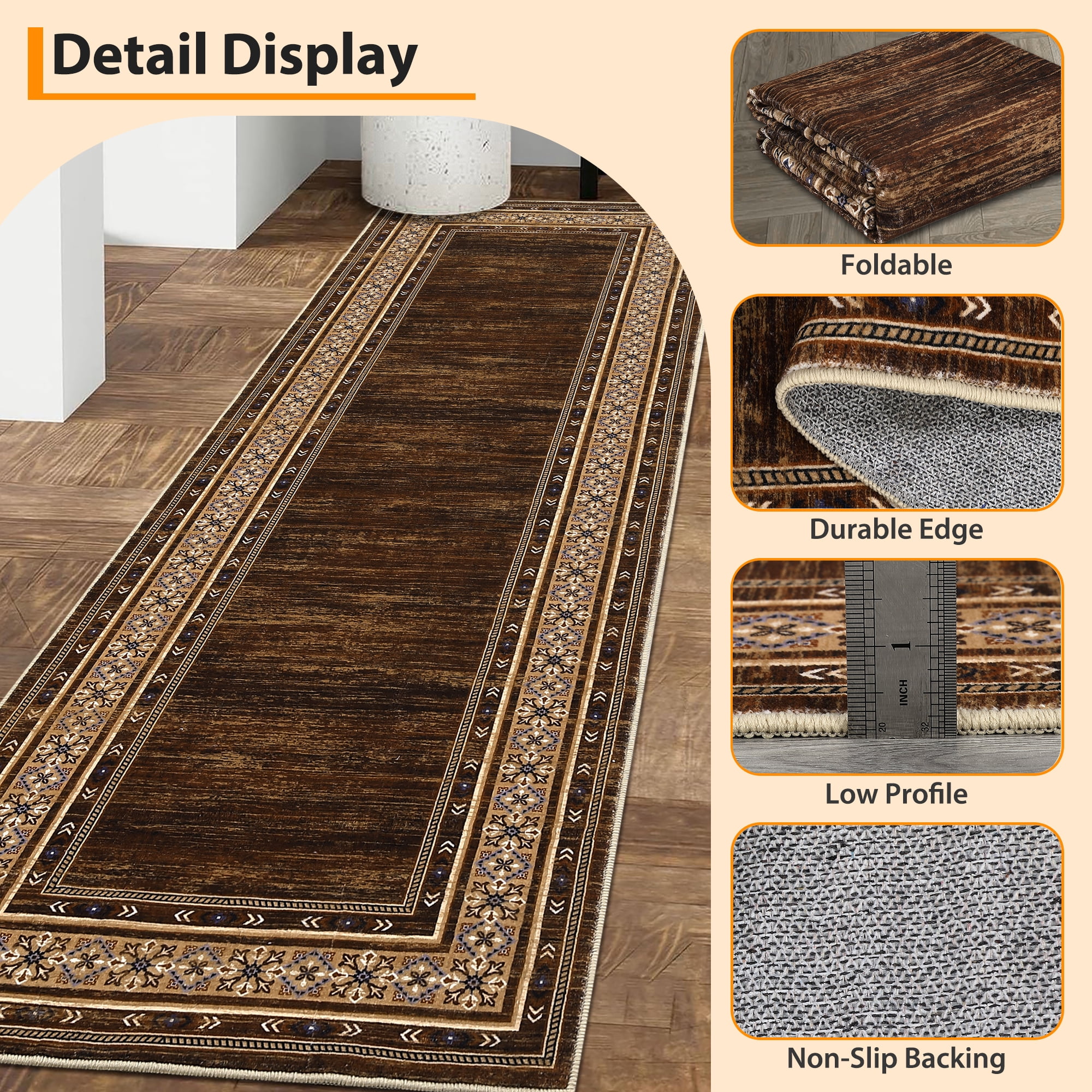 Brown Washable Runner Rug 2' × 6' – Non Slip Low Pile Stain Resistant Hallway Rug for Kitchen, Entryway, Laundry Room, Vintage Bordered Carpet for High-Traffic Areas