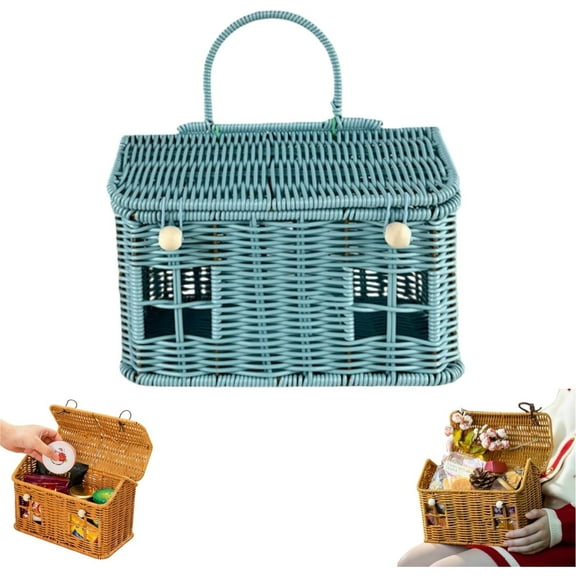 Handmade Rattan House Shaped Picnic Baskets with Handle,Vintage Woven House-Shaped Storage Basket with Lid, Portable Garden Harvest Basket for Picnic Easter(Q)