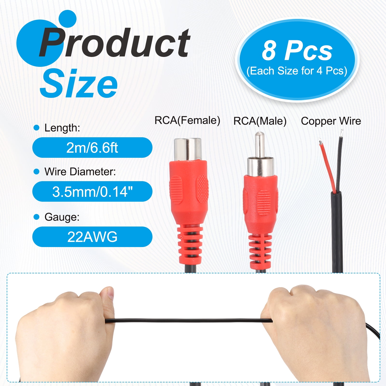 6.6FT RCA to Bare Wire Speaker Cable, 22AWG Replacement Red RCA Female Male Plug to Open End Pigtail Audio Cable Connector Adapter for Amplifier, Home Audio Speakers, Pack of 8