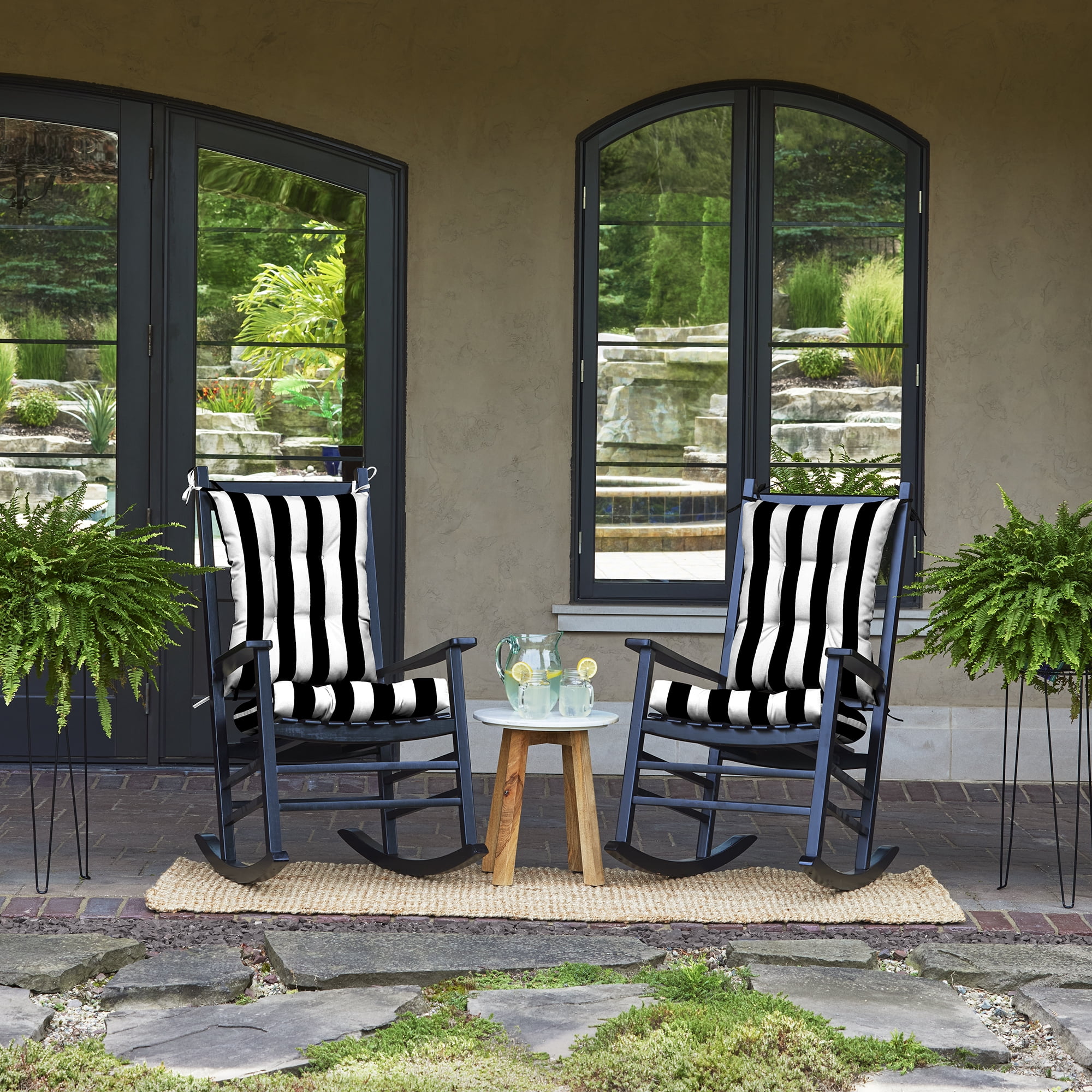 ARDEN Plush Indoor/Outdoor Rocking Chair Cushion Set, 2-Pack, 18 x 20, Water repellent, Fade Resistant, Tufted Cushion for Rocking Chairs 18 x 20, Black Cabana Stripe