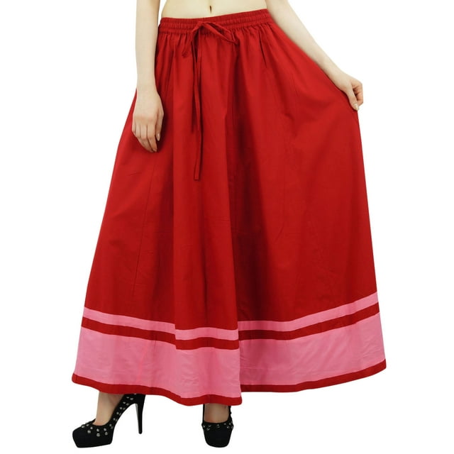 Bimba Jupe Longue Maxi pour Femmes avec Bordure Contrastée Jupe Boho avec Taille Élastique