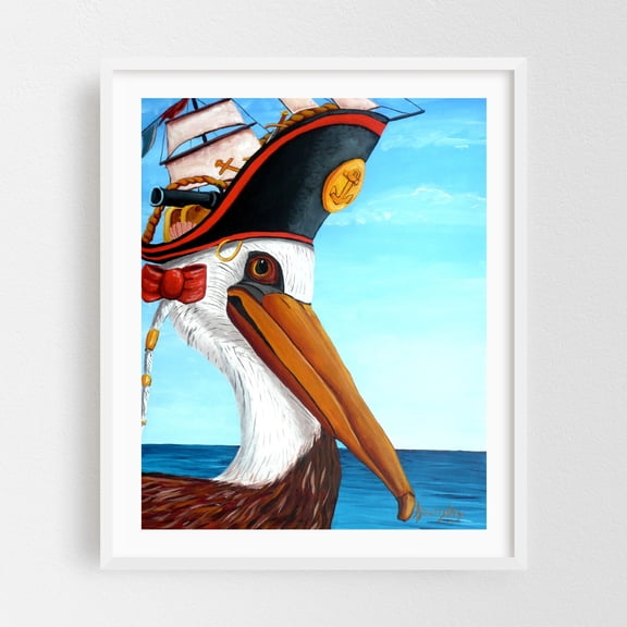 Captain Pelican - Painting Whimsical Nautical Surrealism Bird Humor Animal White Framed Wall Art Print 8 x 10 inches