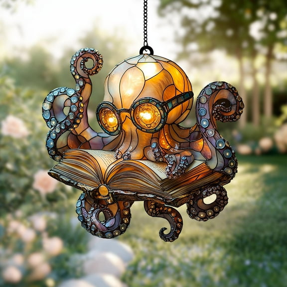 Reading Octopus Acrylic Suncatcher fullxfull Cute Nerdy Sea Creature with Book and Glasses, Quirky Ocean Window Decor for Fantasy and Book Lover