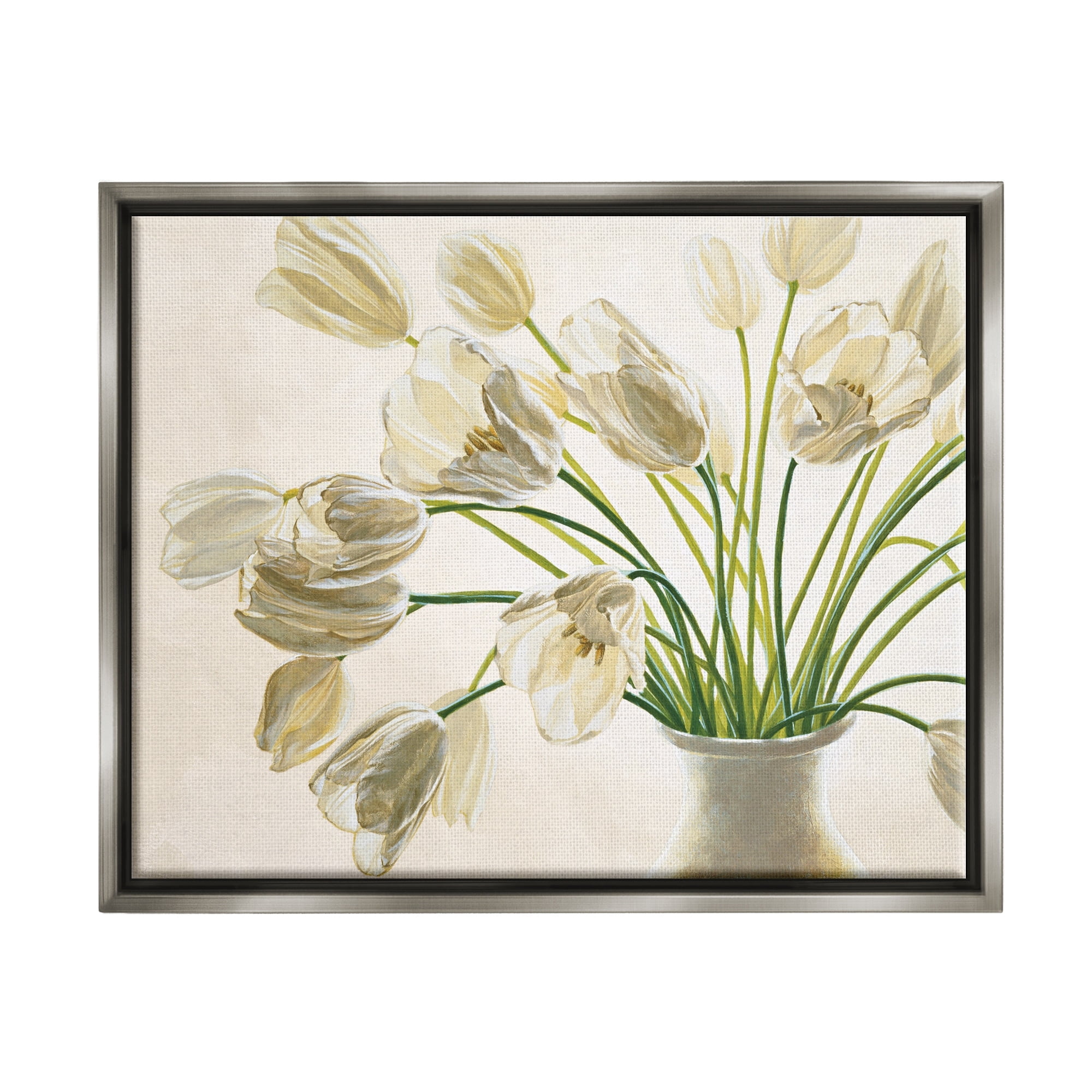 Stupell Industries Tranquil White Tulip Bouquet in Country Vase Luster Gray Framed Floating Canvas Wall Art, 24x30, by Eva Barberini