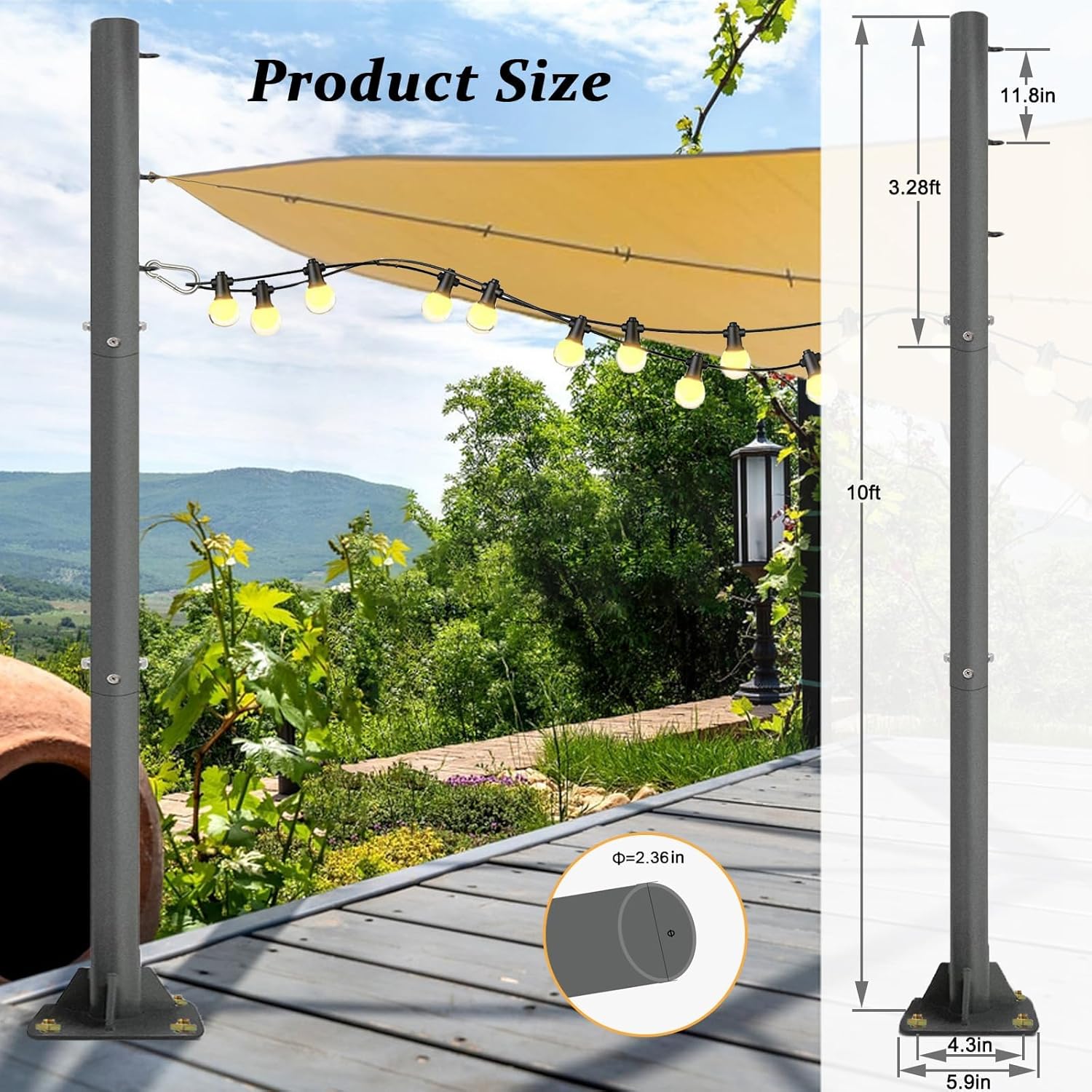 2 Pack Sun Shade Sail Poles - 10ft Outdoor Removable Sunshade Support Post Heavy Duty Canopy Awning Shade Cloth Metal Pole Posts Kit for Outside Patio Backyard Garden Ground Playground
