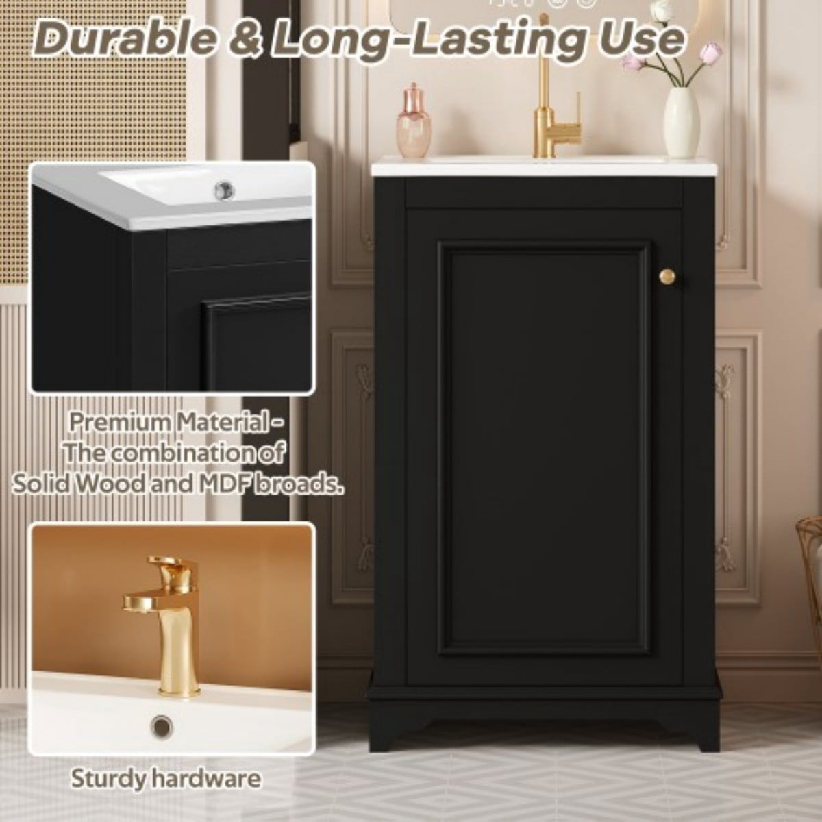 20" Bathroom Vanity with Ceramic Sink, Freestanding Bathroom Vanity Cabinet with Adjustable Shelf, Soft Close Door, Solid Wood Frame, Modern Green Vanity for Small Bathroom, Black