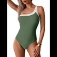 thumbnail image 2 of Traje de Baño de una Pieza para Mujer, con un Hombro Al Descubierto y Control de Abdomen, Adelgazante, Deportivo, con Bloques de Color, Traje de Baño. Verde XXL, 2 of 7