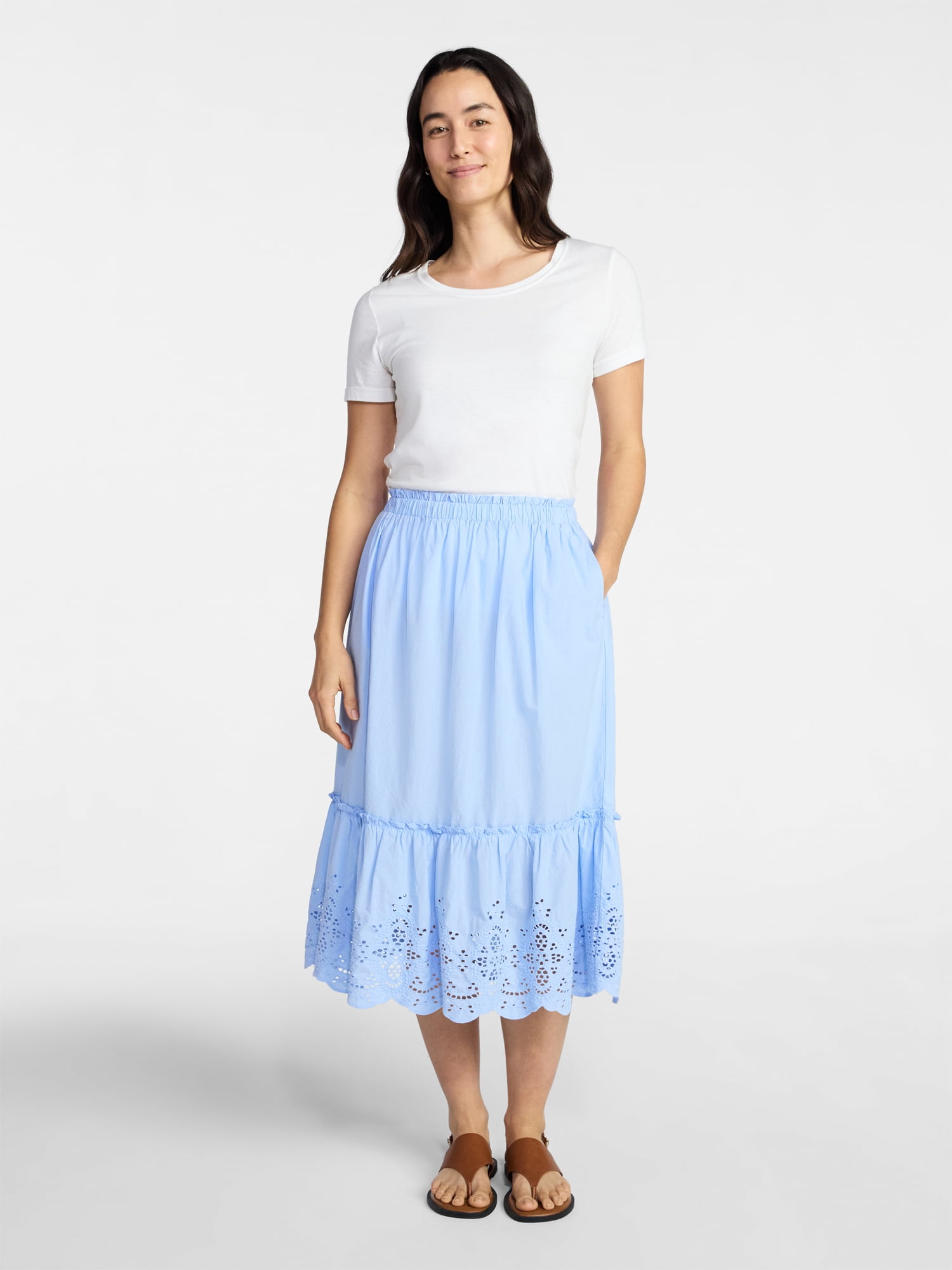 Time and Tru Women's Cotton Eyelet Hem Midi Skirt, Sizes XS-XXXL