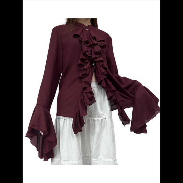 Blusas Casuales para Mujer, con Mangas Acampanadas, Cuello Alto y Volantes, Camisa de Verano A para Vacaciones. Vino Tinto XL