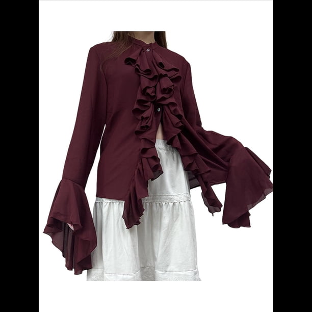 Blusas Casuales para Mujer, con Mangas Acampanadas, Cuello Alto y Volantes, Camisa de Verano A para Vacaciones. Vino Tinto M