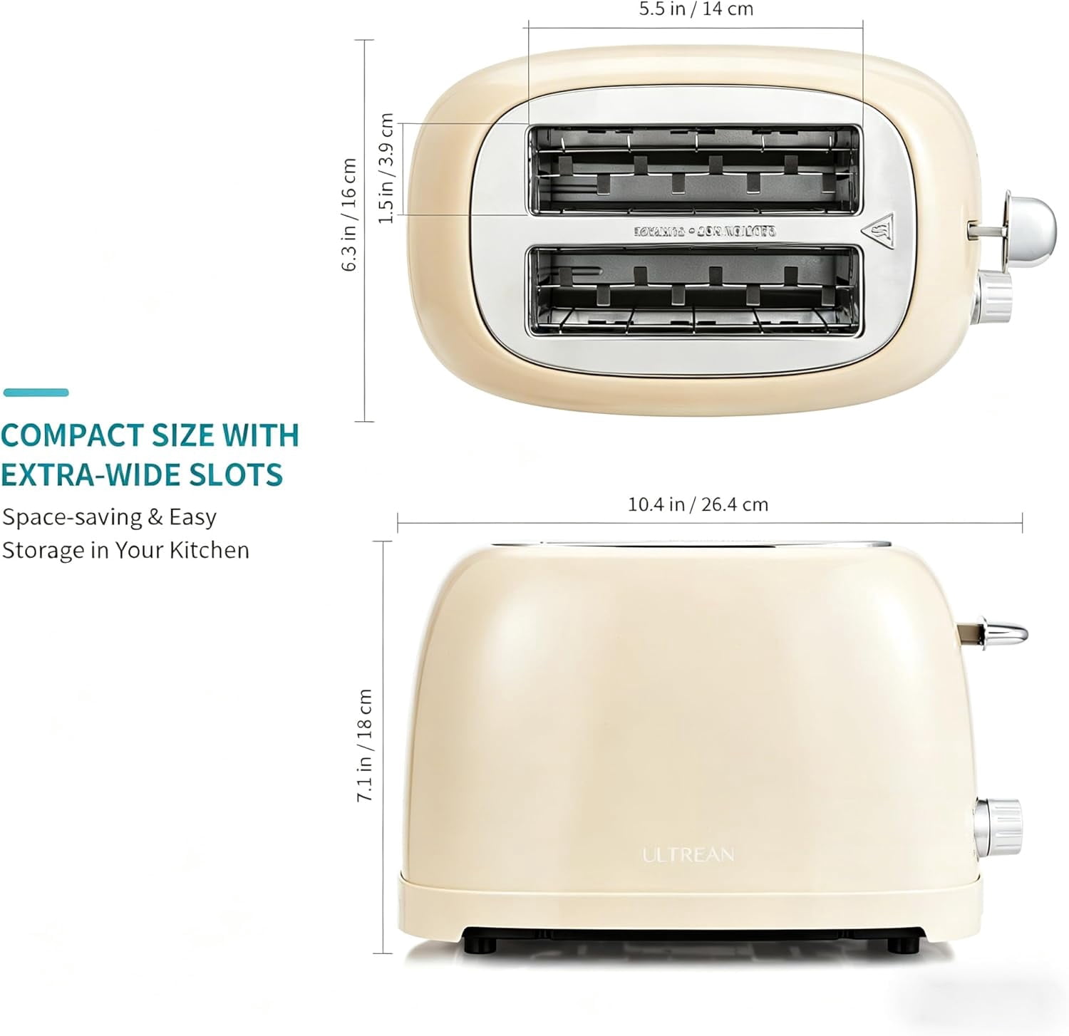 Ultrean 2 Slice Toaster with Extra Wide Slot, Retro Stainless Steel Toaster, Small Cute Toaster with Removable Crumb Tray, 6 Browning Settings, Cancel, Bagel, Deforest Functions, 825 W, White Cream