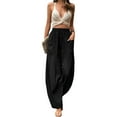 thumbnail image 2 of Liacowi Women Linen Pants Summer Casual Loose Elastic High Waist Wide Leg Palazzo Lounge Trousers Solid Color Capri Pants with Pocket, 2 of 6