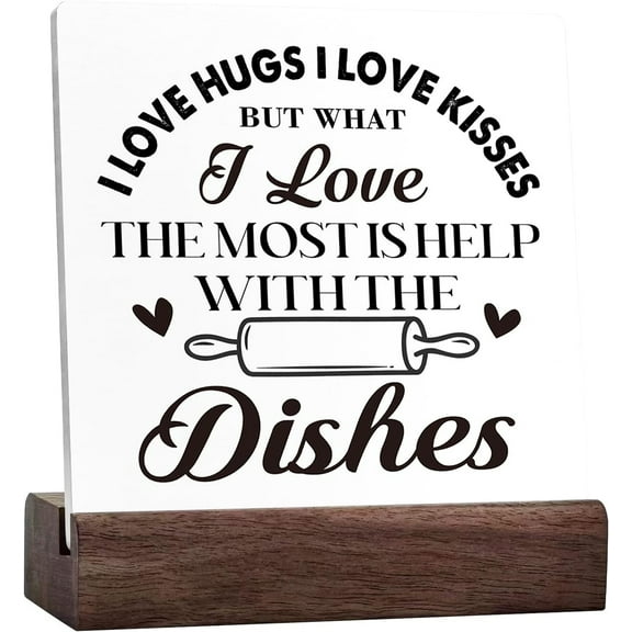 Ceramic Sign 4x4 Inch Funny Kitchen Plaque Sign with Wood Stand The Most Is Help With The Dishes For Home Shelf Farmhouse Kitchen Tabletop Desk Decor Humorous Kitchen Counter Decor Sign Gift For Women