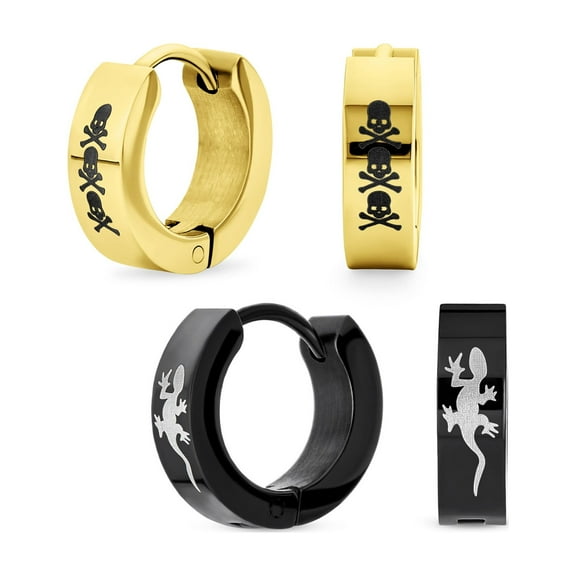 Bling Jewelry Mens Set of 2 Angel Wings Gecko Lizard Hoop Huggie Earrings Black Gold Plated Steel