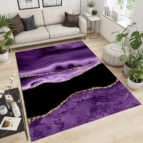 Purple Marble Area Rug, Black And Gold Geometric Texture Rugs For Living Room, Machine Washable Carpet, With Non-Slip Backing Bedroom Rug For Dining Room Home Office 5x6ft