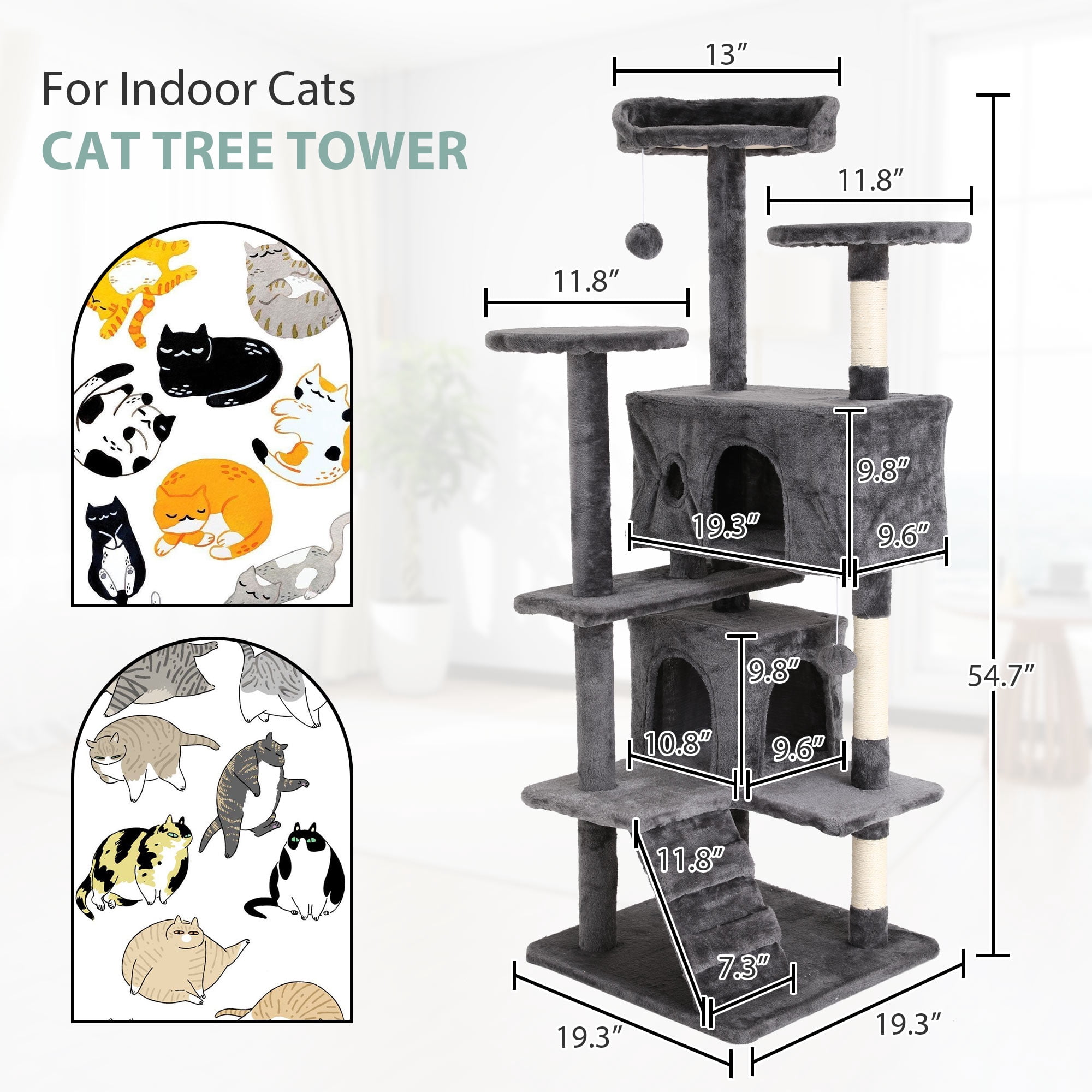 CL.HPAHKL 54-Inch Large Cat Tower with 3 Scratching Posts, Tall Cat Tree Tower with Big Cat Condo for Indoor Cat Plush Multi-Level Cat Condo with Hanging Toy for Kittens Pet House Play, Ashy