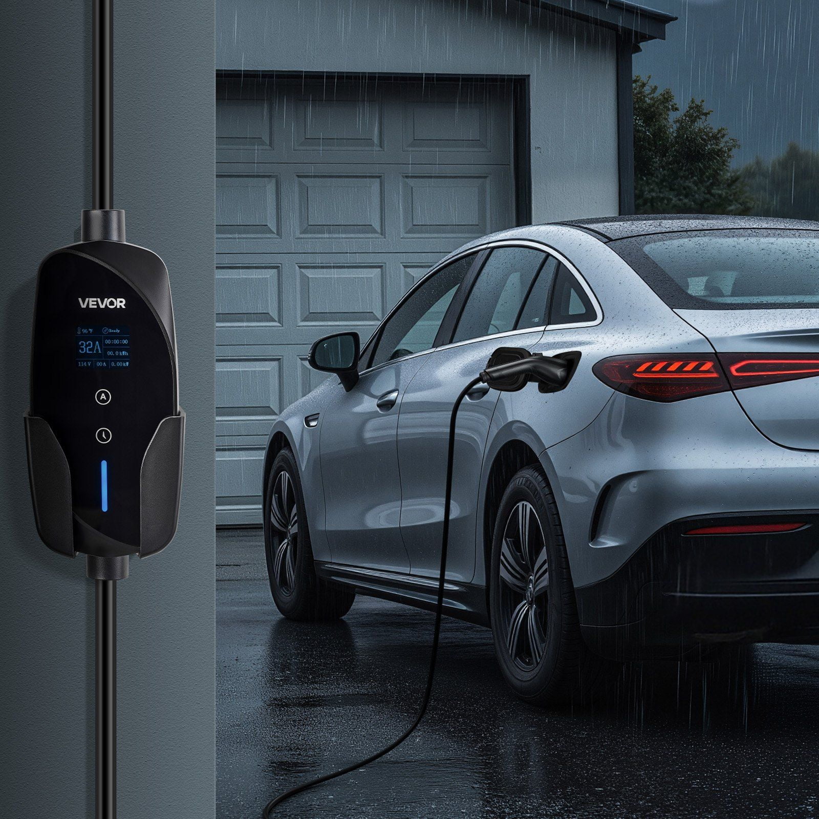 Level 2 EV Charger, 32A 240V, 25-Foot Heavy Duty Cable, NEMA 14-50 Plug, LCD Interface with Adjustable Current Control, Universal Plug-in Home Charger for J1772 Electric Cars