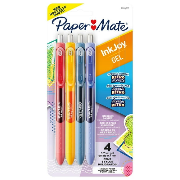 Paper Mate InkJoy Gel Pens, Retro Accent Colours, Medium (0.7mm) Point, Retractable, 4 Count, InkJoy
