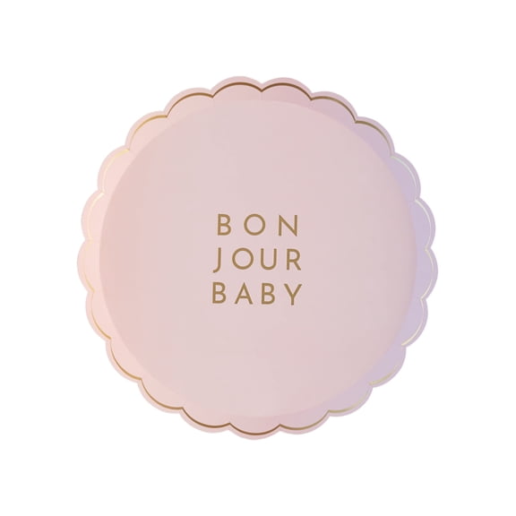 Bonjour Fête Pink Bonjour Baby Small Paper Plates, Disposable Party Supplies, 8 Count, 8.25 Inch, Baby Shower