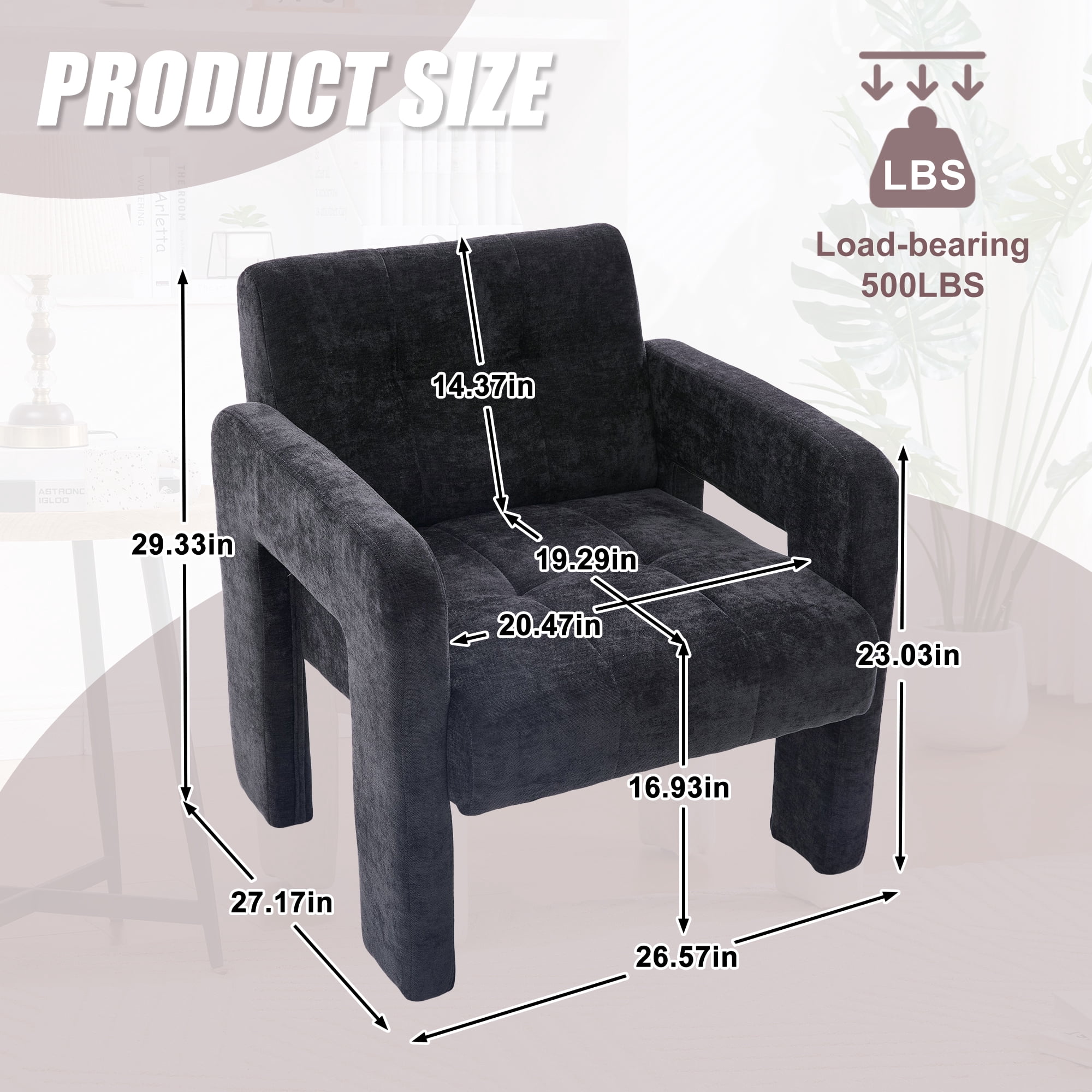Armchair, Accent Chair, Upholstered Lounge Chair with Plush Chenille Fabric, High-Density Foam Cushion and Modern Minimalist Design, for Living Room Bedroom, Black