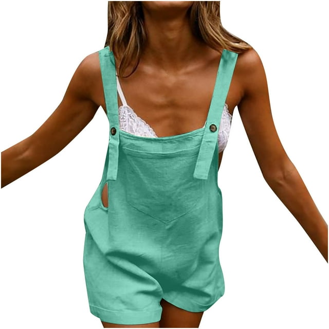 UAMVSH Overall Shorts for Women Cotton Linen Adjustable Wide Strap Rompers with Button Sleeveless Pocket Cuffed Hem Jumpsuit Clothes