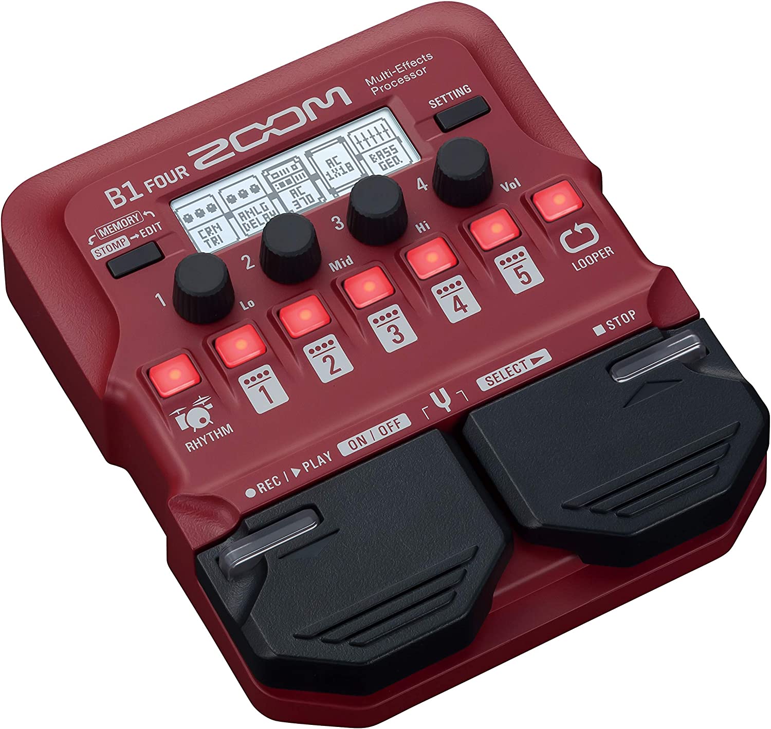Zoom B1 FOUR Bass Guitar Multi-Effects Processor Pedal, With 60+ Built-in effects, Amp Modeling, Looper, Rhythm Section, Tuner, Battery Powered