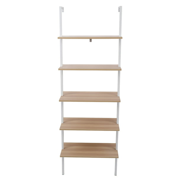 5 Shelf Wood Ladder Bookcase With Metal, Carlie White And Brown 5 Shelf Ladder Bookcase