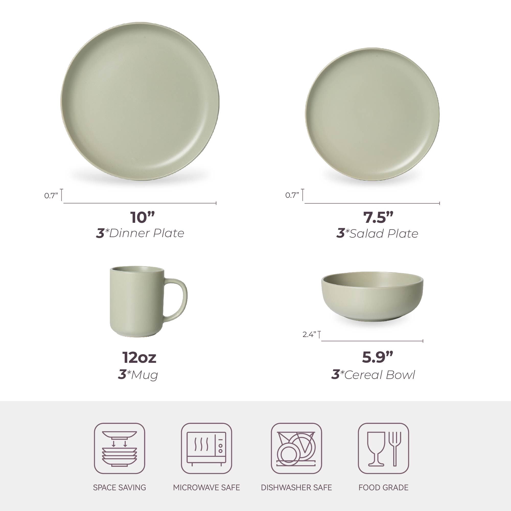 12-Piece Stoneware Dinnerware Sets with Mugs, Microwave & Dishwasher Safe, Non-Toxic Dinner Plates Bowls Set, Stackable Matte Glaze Kitchenware for 3