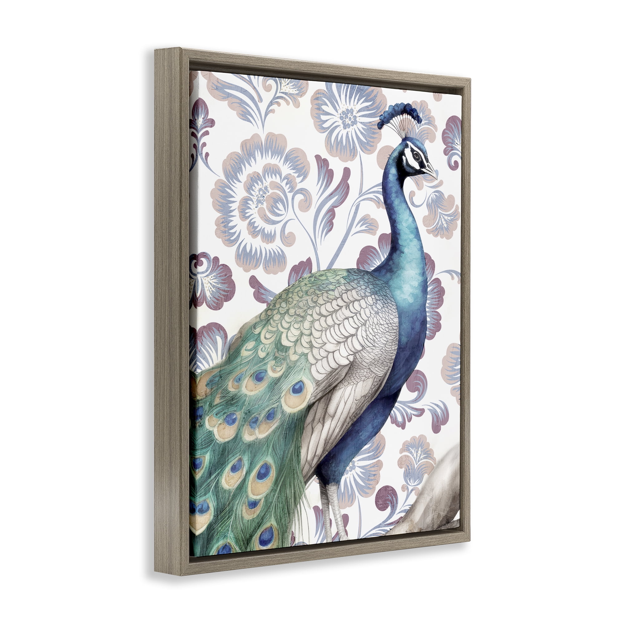 Stupell Industries Peacock on Vintage Florals Animals Painting Brown Floater Framed Canvas Art Print Wall Art, 17 x 21