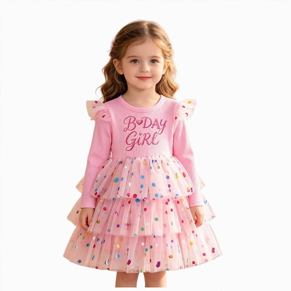 mgoYE Toddler Birthday Girl Print Dress Ruffle Sleeve A-Line Tulle Dresses Casual Colourful Clothes