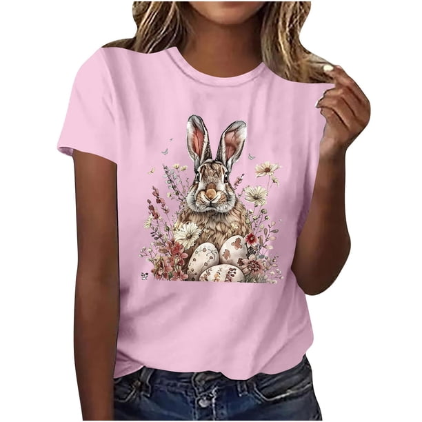 Mujeres de Manga Corta Tops Casual Nuevo Cuello Redondo Pascua, Ligera Camiseta de Poliéster Spandex