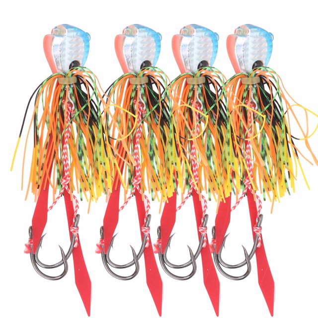 4 Uds 65g cebos artificiales de pesca faldas de silicona señuelos con anzuelo accesorio de pesca azul + cabeza naranja
